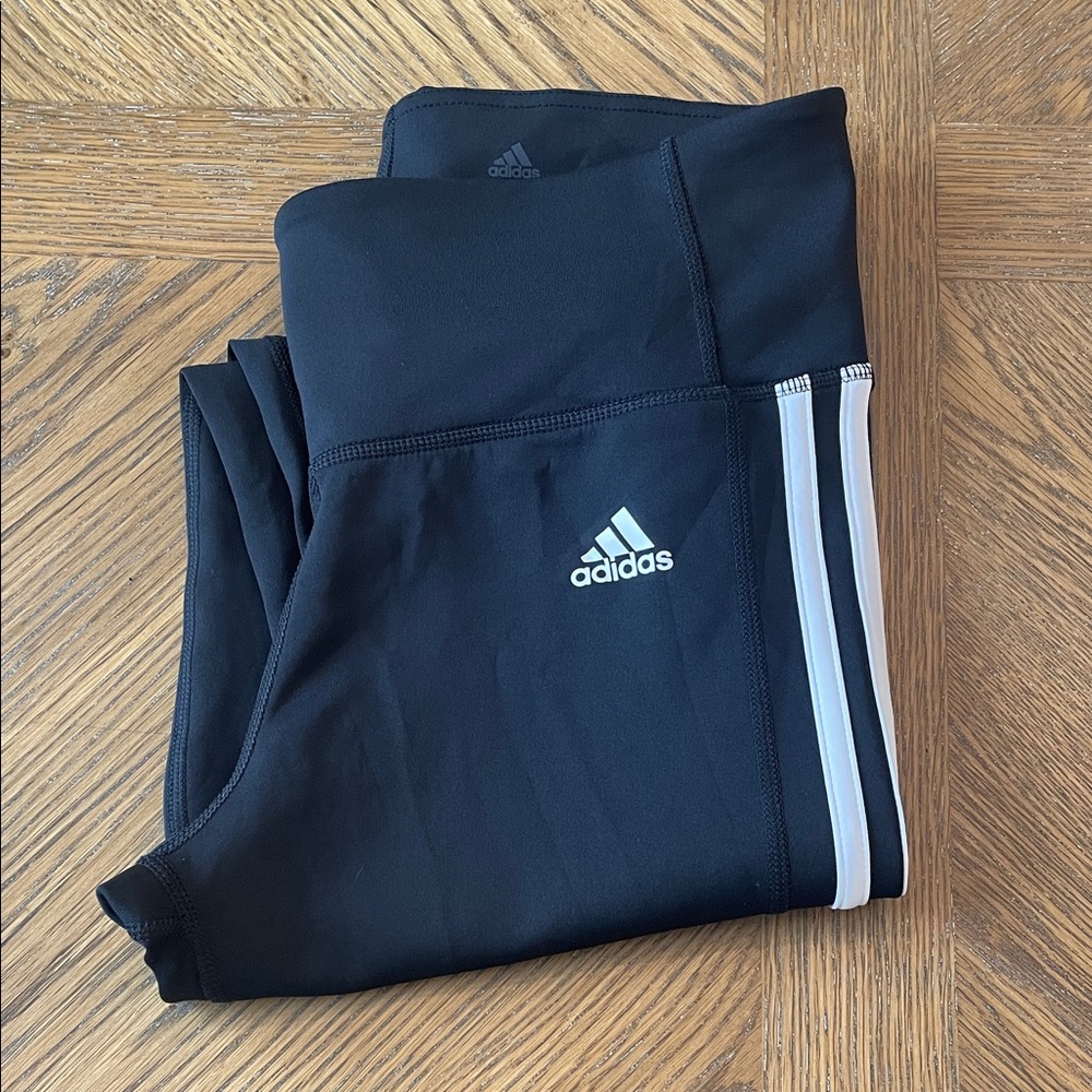 Adidas Womans Black Athletic Leggings with White Stripes